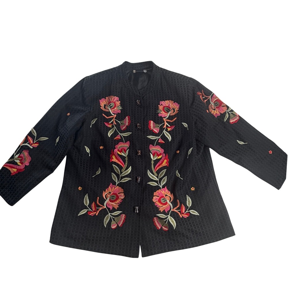 Maggie Barnes Black Floral Embroidered Jacket Beaded Buttons Wearable Art